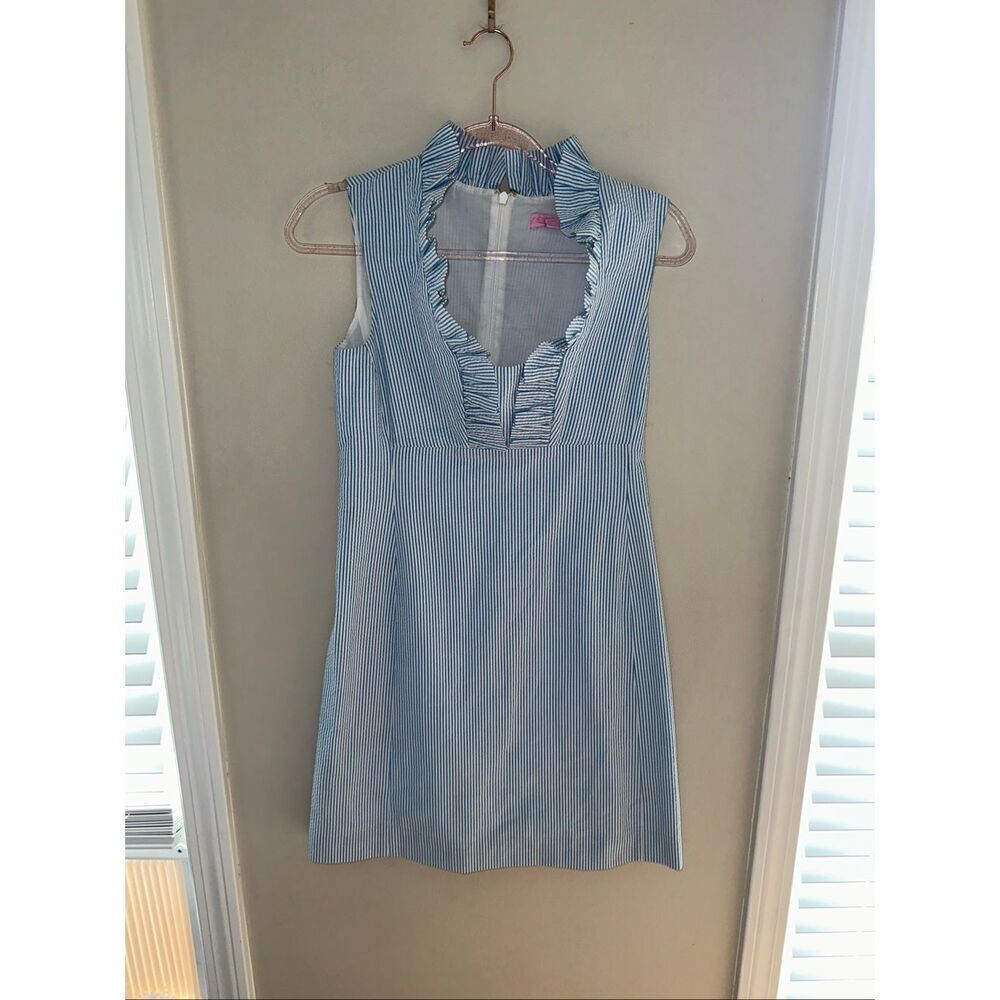 Lilly Pulitzer Adeline Ruffle Neck Shift Dress Blue Lucky Seersucker sz 2